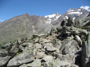 Sentier dans le pierrier, Lagginhorn et Weissmies