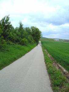 Un sentier à travers champs, se prêtant fort bien à une balade en trottinette