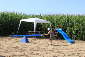 Une des quatre tables de pique-nique et la place de jeux