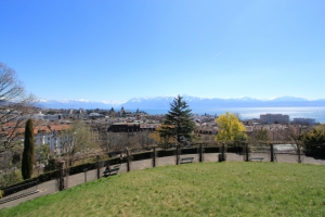 Vue panoramique sur la ville, le lac et au fond les Alpes