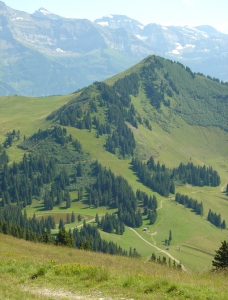 Le lac de Conche, au bas du Bec du Corbeau, vu depuis le télésiège du Morclan (France)