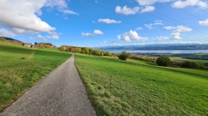 Depuis le chemin, joli coup d'œil sur le lac de Neuchâtel et le plateau