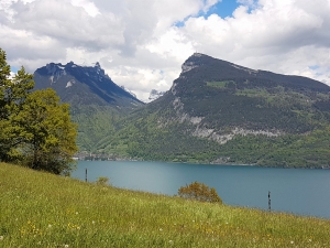 A droite le Niederhorn et son antenne à gauche le Sigriswiler Rothorn entre les deux le Justistal et le col au fond le Sichle