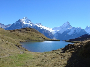 Bachsee avec de gauche à droite le Wetterhorn (3692m),  le Schreckhorn (4078m), le Finsteraarhorn (4274m)