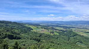 Du haut de la tour, nous voyons les lacs de Bienne et de Neuchâtel